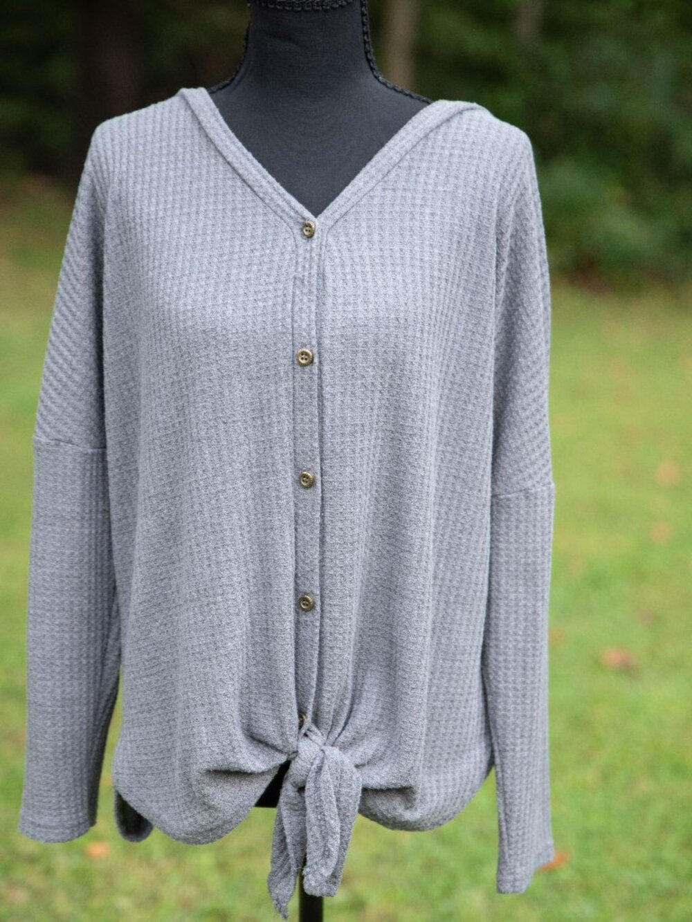 Thermal Button-Front Top waffle-knit texture, V-neckline a tie-front hem shirt M